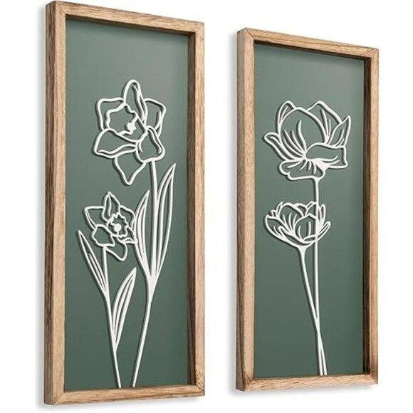 Sage Green 3D Floral Wall Art Set Boho Farmhouse Framed Decor for Bathroom - Picture 7 of 7